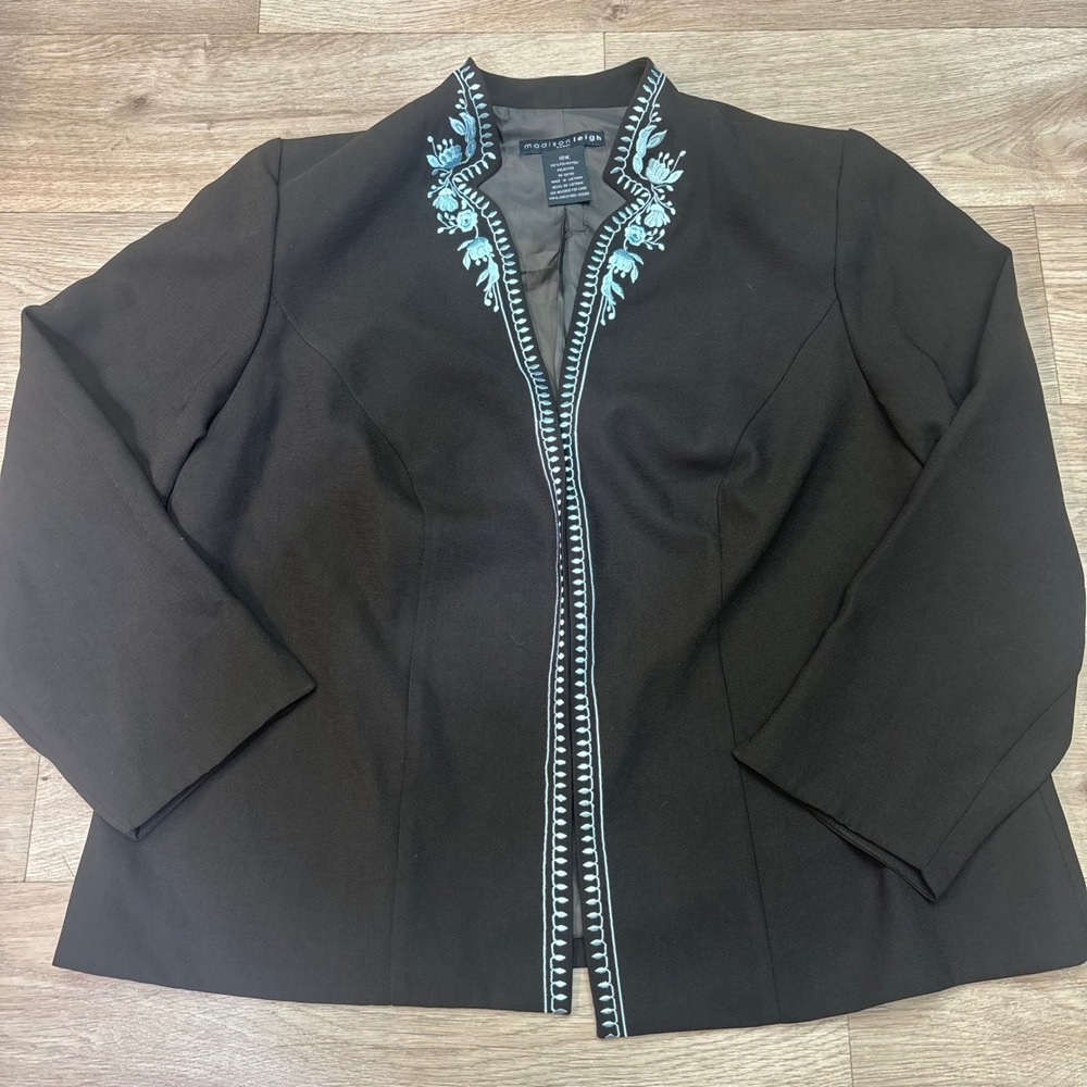 Madison Leigh Black Embroidered Open Front Blazer Jacket Blue Floral 18W